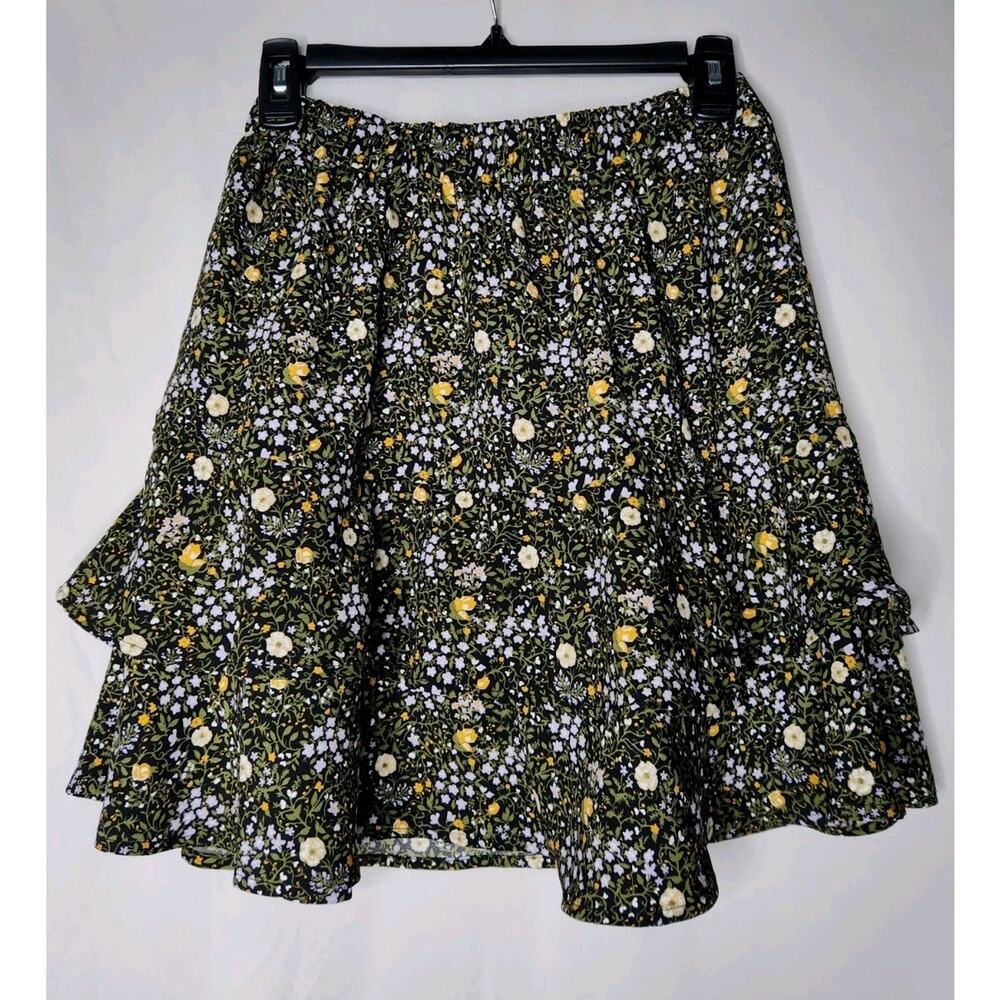 LOFT Mini Skirt Women's Size Petite XS Black Floral Black Green Yellow